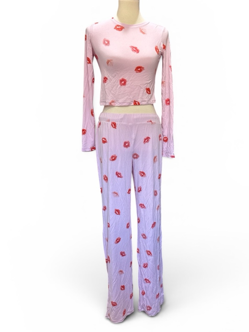 SKIMS Pink Lip-Print Lounge Top and Pants Set #470